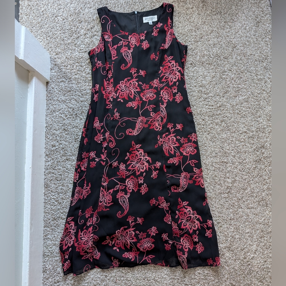 Vintage Y2K Fairycore Sheath Dress‎ In Black With Pink Floral Design Size 6P